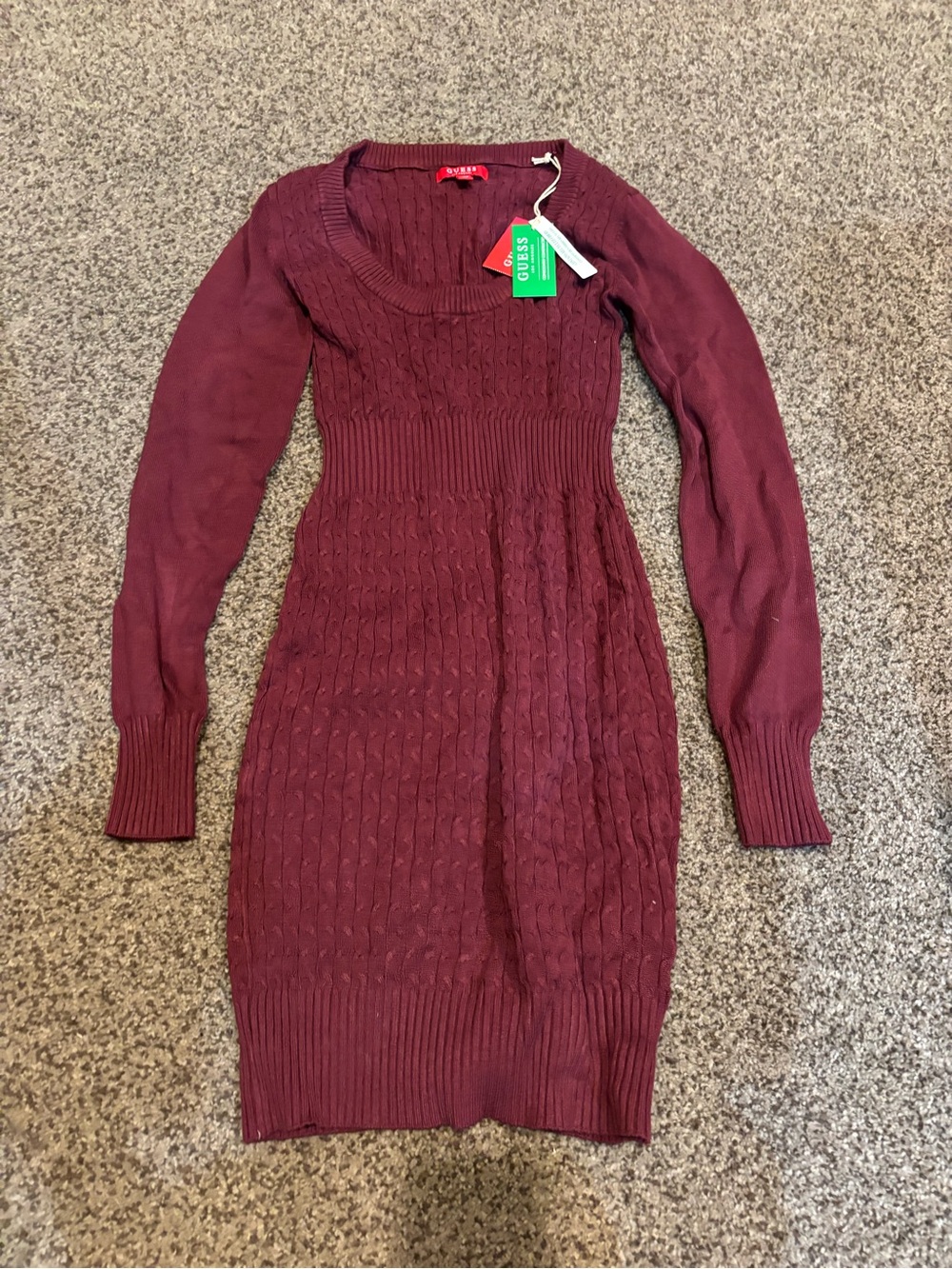 GUESS Long-Sleeve Cable Knit Sweater Dress - Burgundy Wine